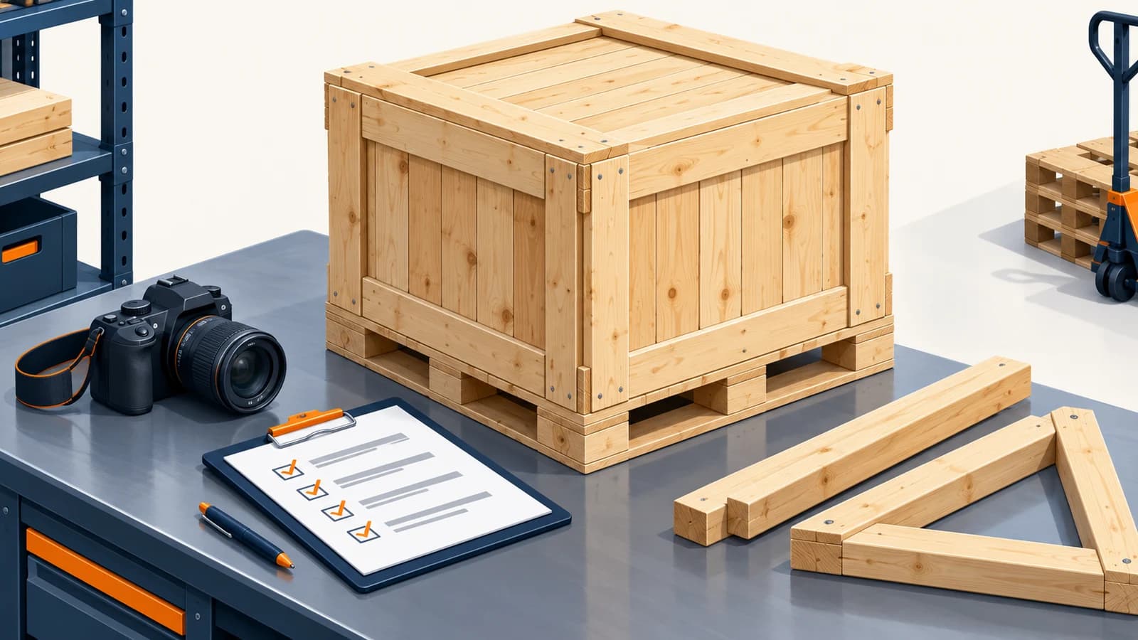 Concept illustration of a wooden shipping crate, loose bracing, camera and packaging review checklist. Concept illustration of a wooden shipping crate, loose bracing, camera and packaging review checklist.