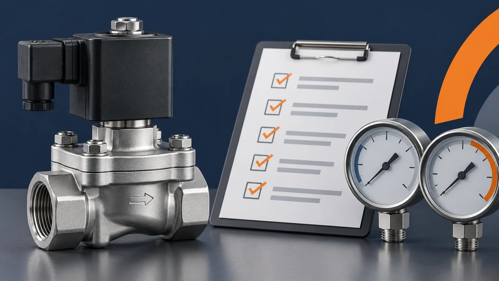 Concept illustration of a solenoid valve, its electrical coil, pressure gauges and an RFQ checklist. Concept illustration of a solenoid valve, its electrical coil, pressure gauges and an RFQ checklist.